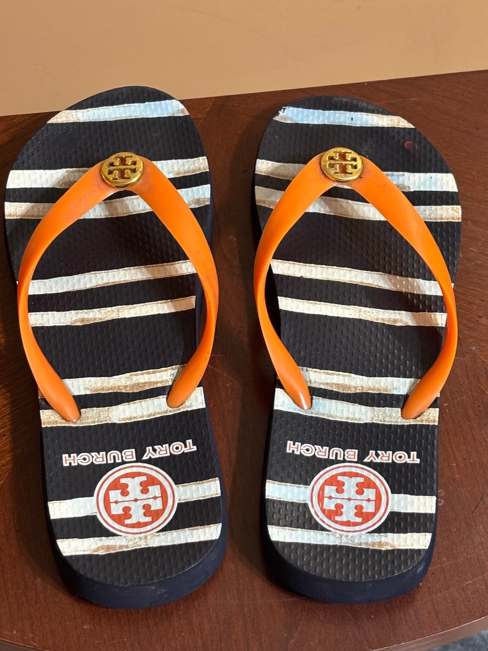 Tory Burch Kids Navy Striped Flip Flops with Orange Straps
